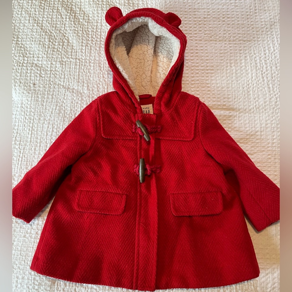 Baby Gap Red Wool Blend Zipper Coat with ears and Wood Toggles 6-12 months